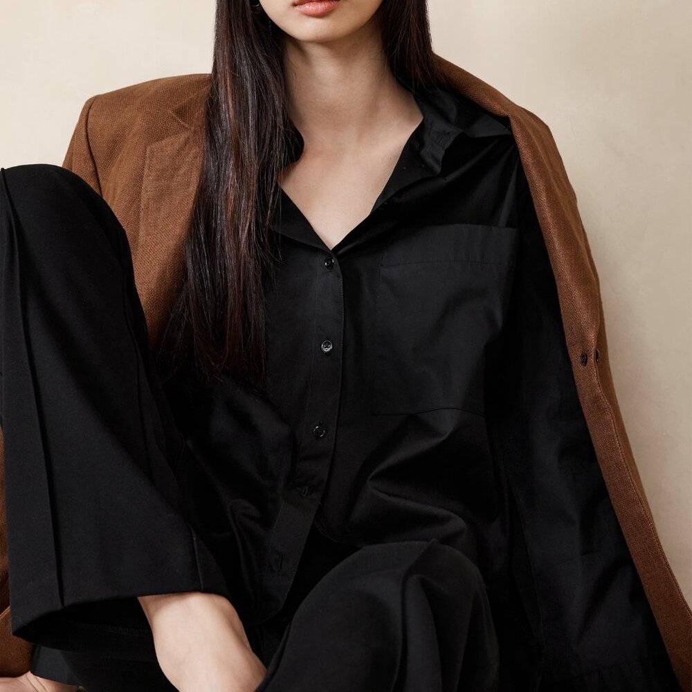NWT Banana Republic RT$90 Black The Oversized Cotton Poplin Tunic Shirt S Petite - Picture 3 of 4